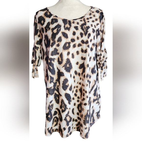 Amana Leopard Animal Print Embroidered Tie-Sleeve Tunic Top Women's L - Picture 1 of 15